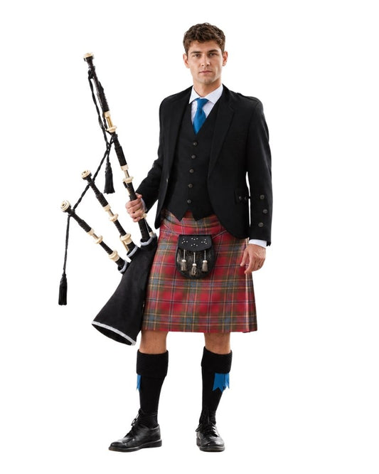Man wearing a traditional Scottish kilt with a bagpipe on a white background