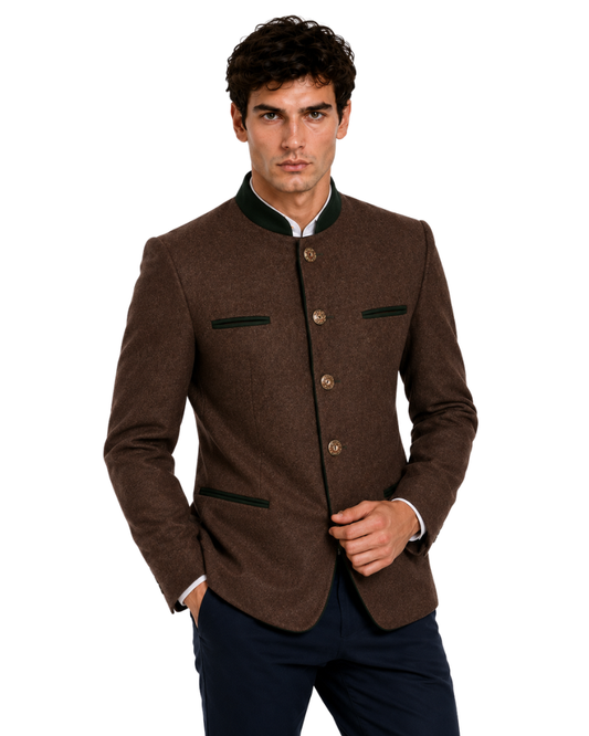 Man wearing a brown blazer with black accents on a white background