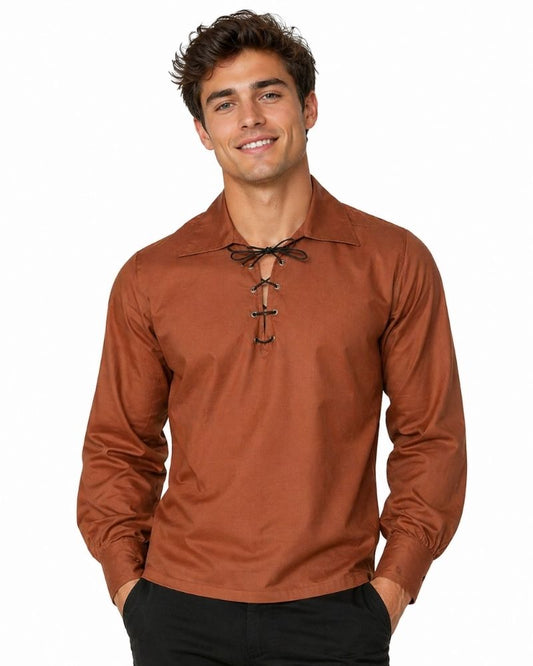 Man wearing a brown long-sleeve shirt with a collar on a white background