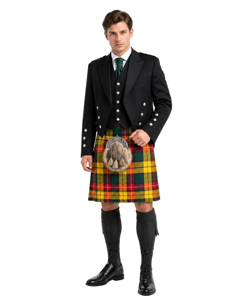 Man wearing a traditional Scottish kilt with a tartan pattern on a white background