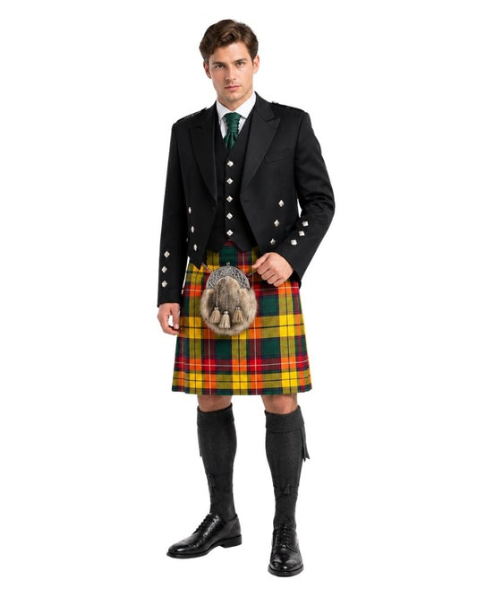 Man wearing a traditional Scottish kilt with a tartan pattern on a white background