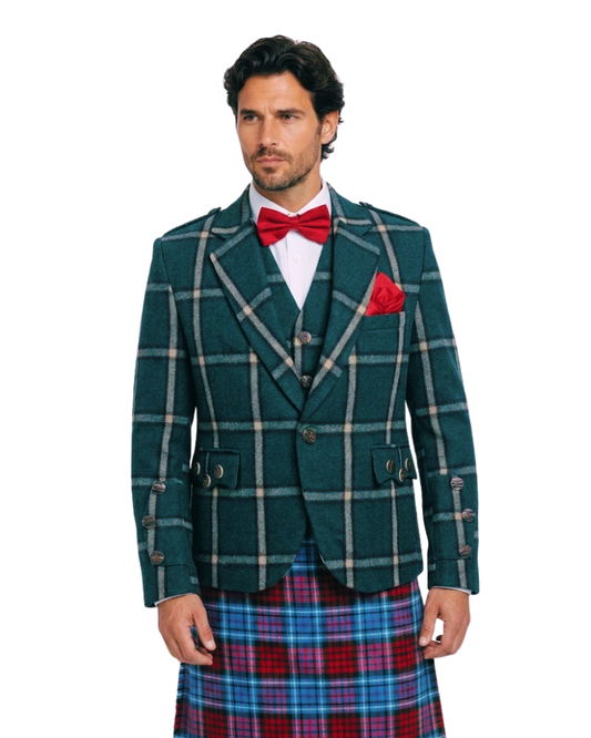 Man wearing a green checkered jacket and plaid kilt on a white background