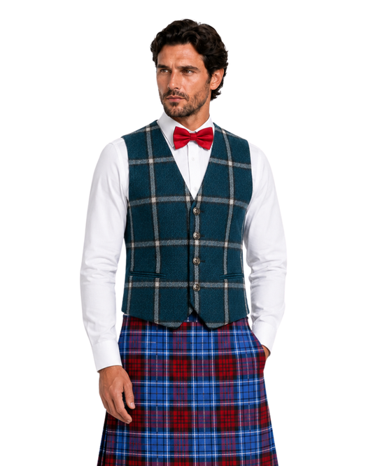 Man wearing a blue plaid vest and red bow tie with a white shirt on a white background