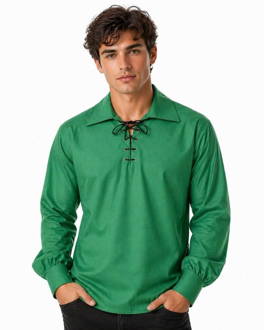 Man wearing a green long-sleeve shirt with lace-up front on a white background