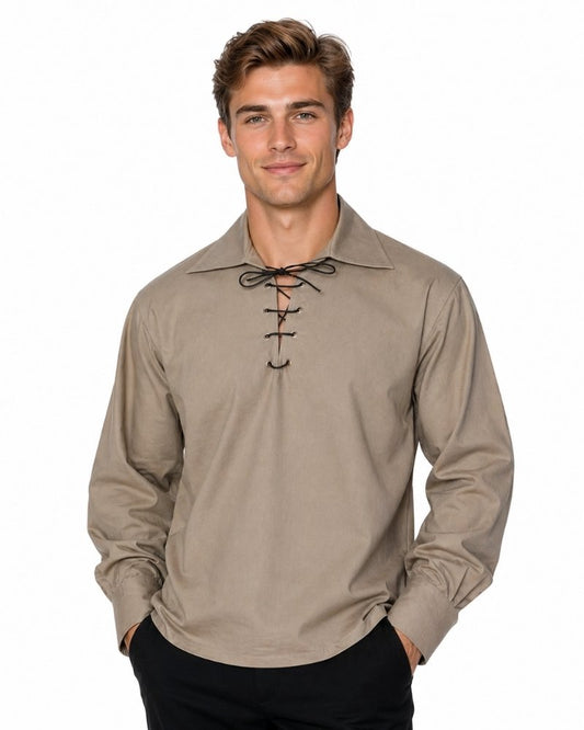 Man wearing a beige long-sleeve shirt with lace-up details on a white background