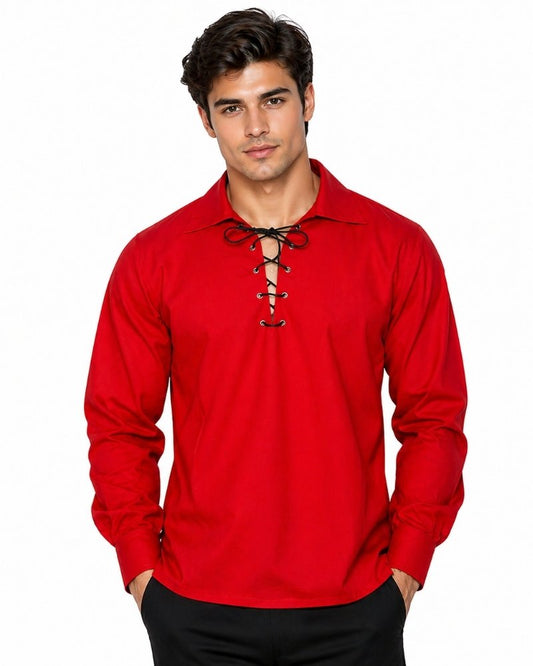 Man wearing a red long-sleeve shirt with lace-up details on a white background