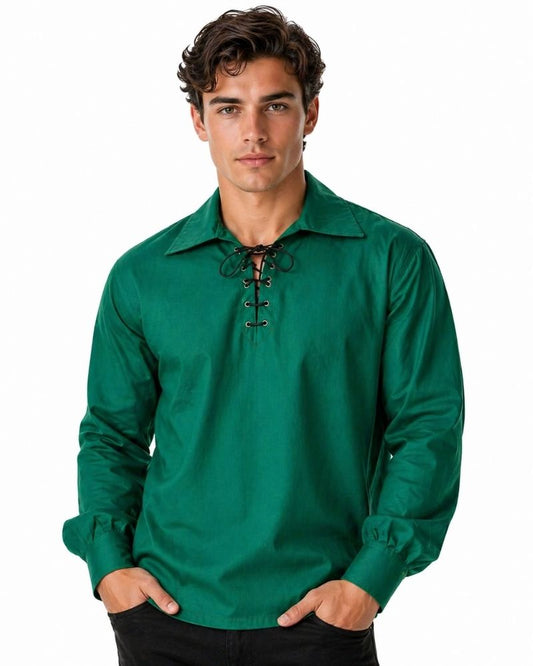 Man wearing a green long-sleeve shirt with a collar on a white background