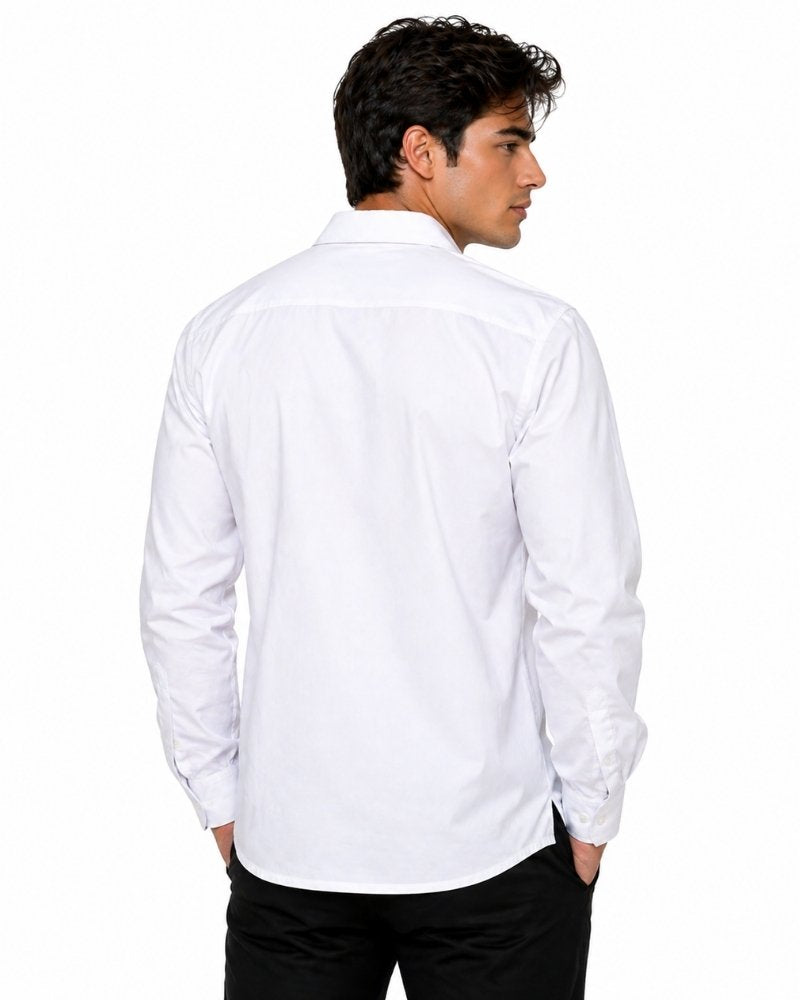 Man wearing a white dress shirt on a white background