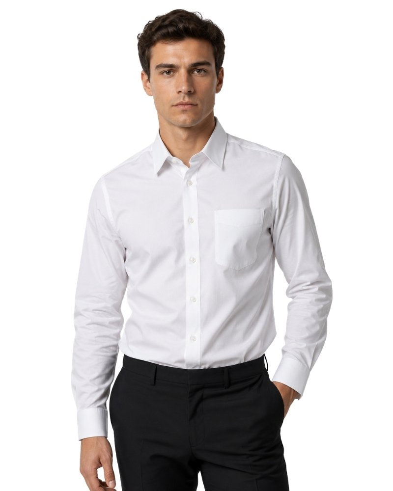 Man wearing a white dress shirt and black pants on a white background