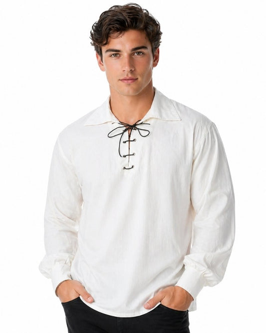 Man wearing a white long-sleeve shirt with lace-up front design on a white background