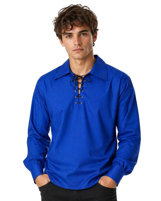 Man wearing a blue long-sleeve shirt with lace-up collar on a white background