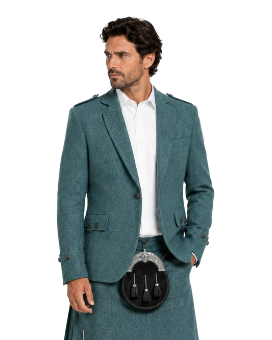 Man wearing a teal Highland kilt with a sporran on a white background