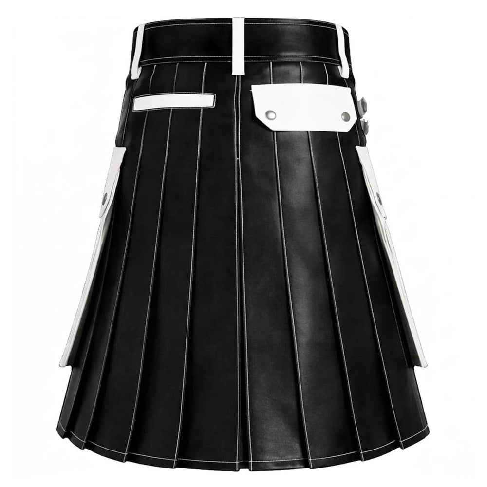 Black and White Leather Utility Kilt with Cargo Pockets Back