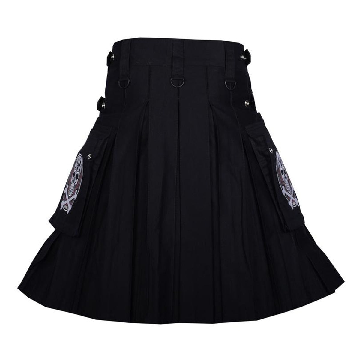 Black Cotton Skull and Bones Gothic Kilt with Leather Straps Back