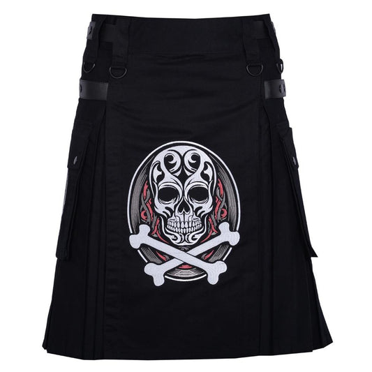 Black Cotton Skull and Bones Gothic Kilt with Leather Straps