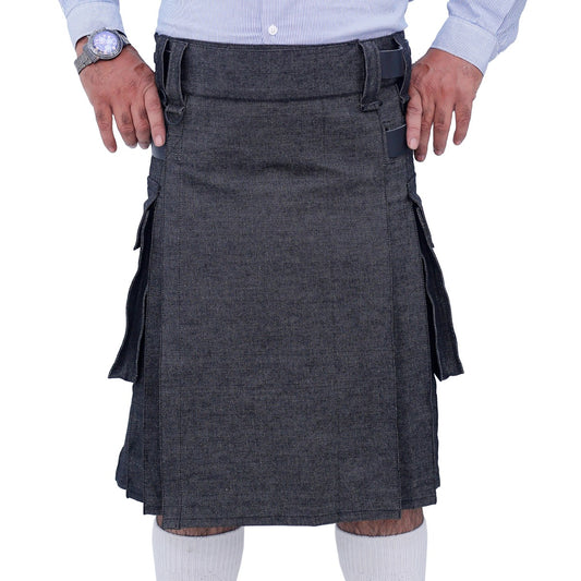 Black Denim Utility Kilt with Leather Straps