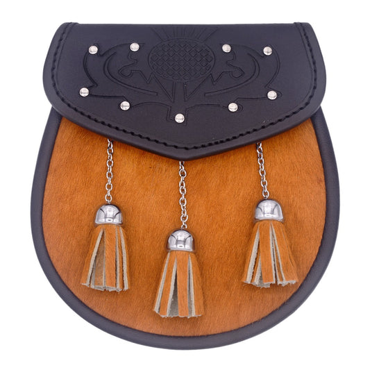 Black Leather Kilt Sporran with Orange Fur Flap Tassels