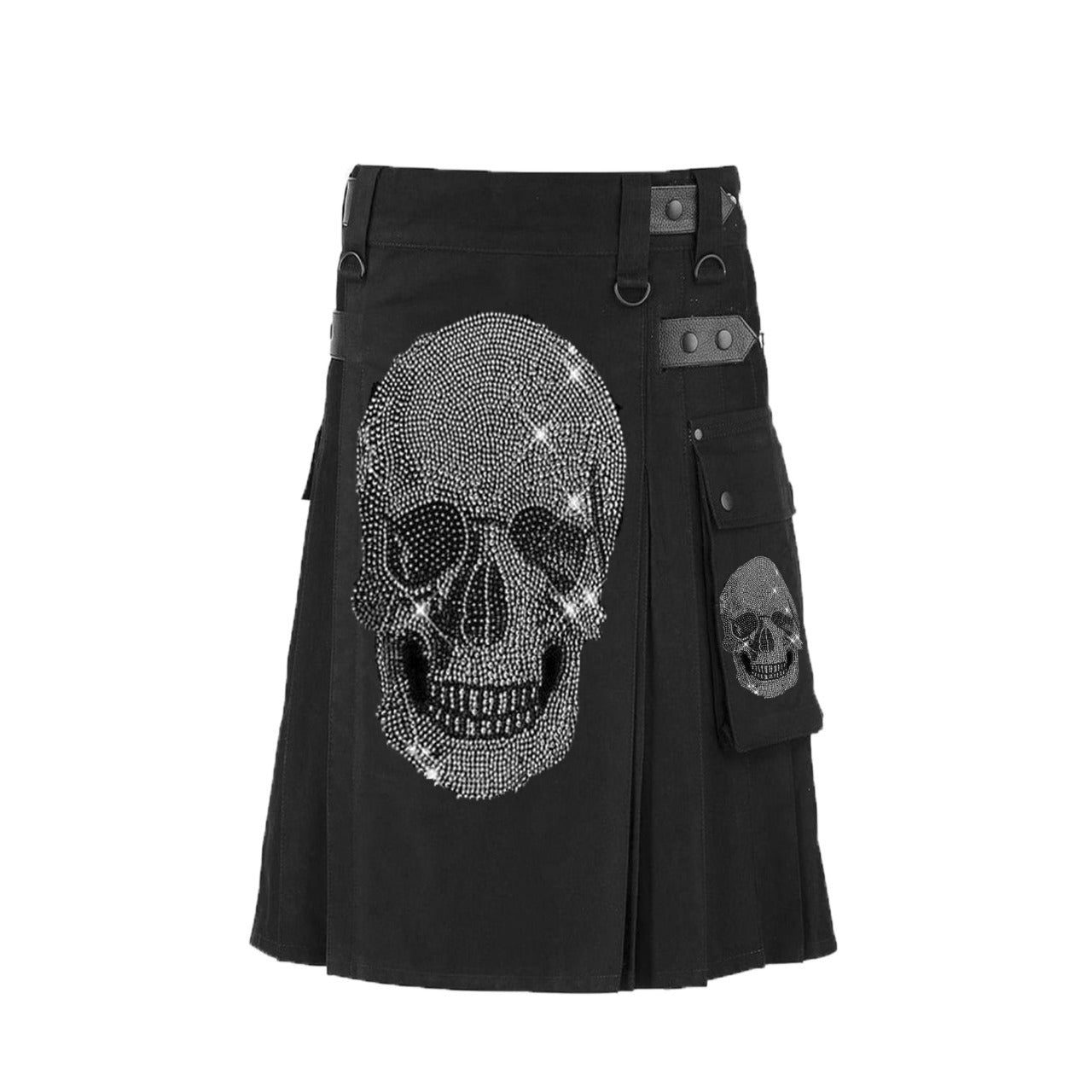 Black Scottish Kilt with Rhinestone Skull Design