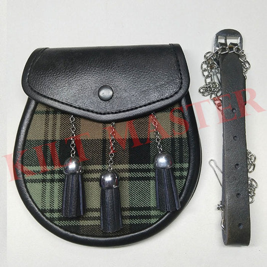 Black Watch Weathered Tartan Leather Sporran with Chain