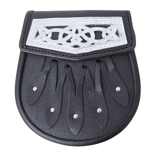 Celtic Chrome Black Leather Sporran with studs Front
