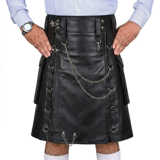 Gothic Black Leather Utility Kilt for Men