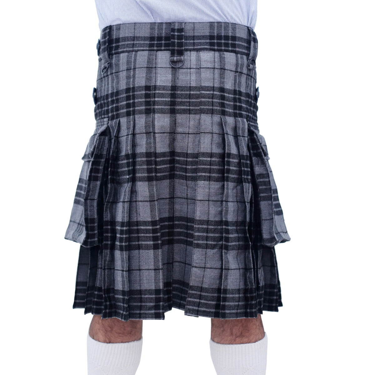 Grey Watch Tartan Utility Kilt with Leather Straps Back
