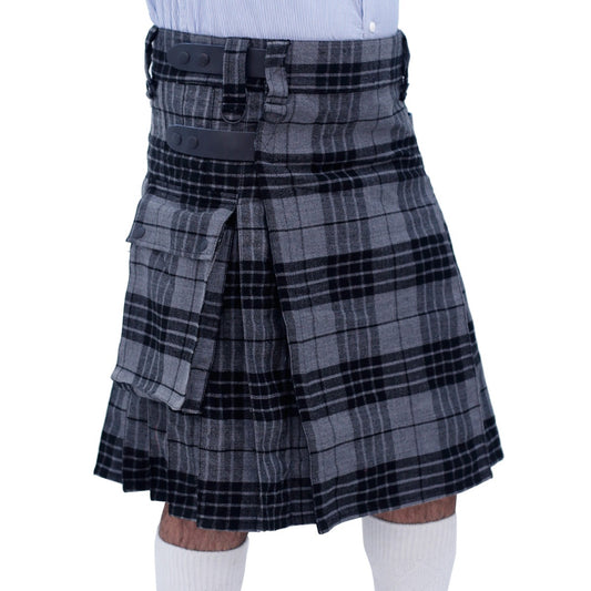 Grey Watch Tartan Utility Kilt with Leather Straps Right