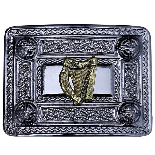 Harp Kilt Belt Buckle Chrome with Golden Badge