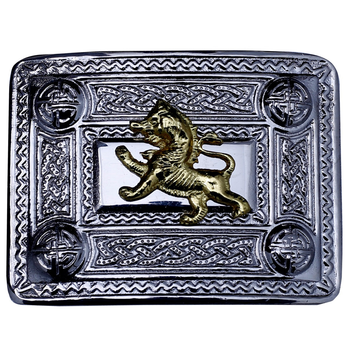 Lion Rampant Kilt Belt Buckle Chrome with Golden Badge