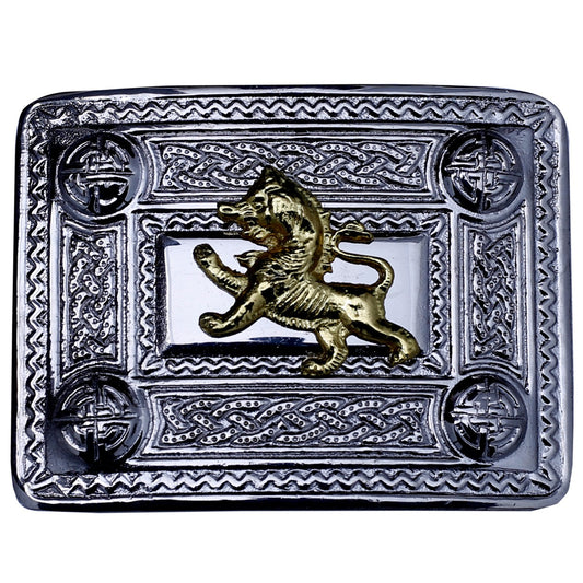 Lion Rampant Kilt Belt Buckle Chrome with Golden Badge