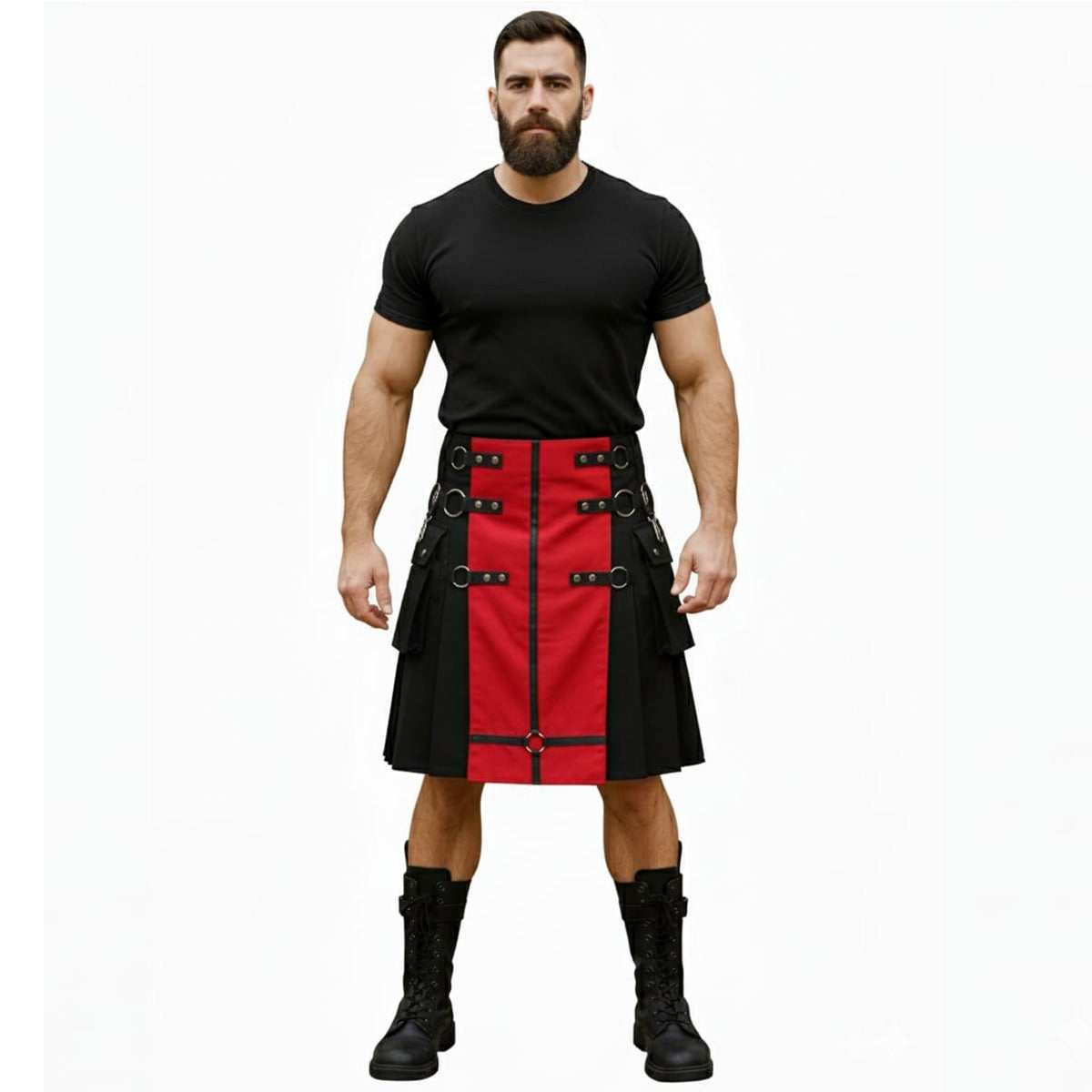 Mens Black Utility Kilt with Removable Chains and Red Apron