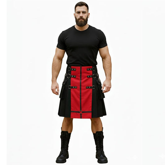 Mens Black Utility Kilt with Removable Chains and Red Apron