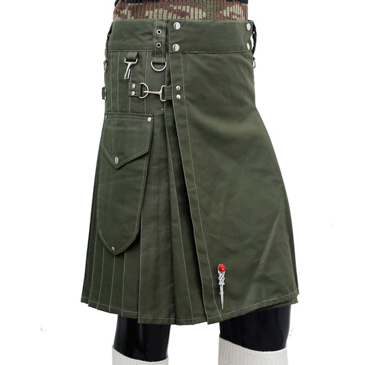 Olive Green Working Kilt with Round Pocket Right