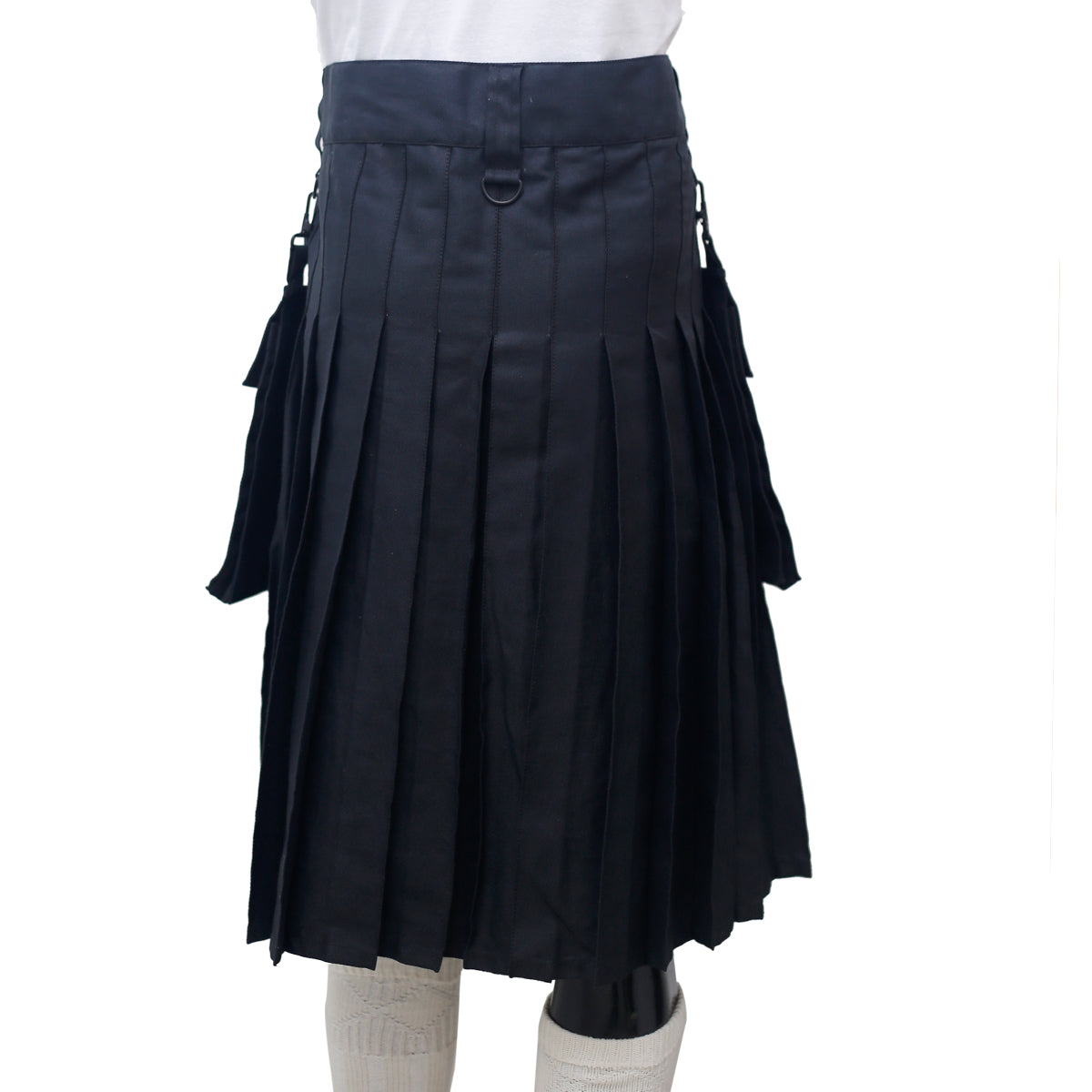 Scottish Black Utility Kilt with Leather Straps Back