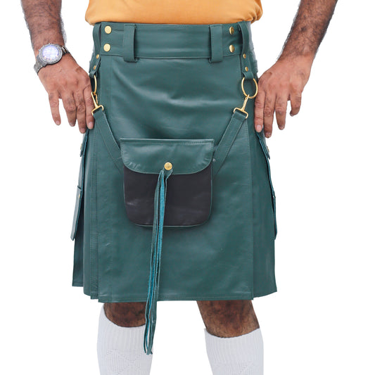 Scottish Green Real Leather Kilt