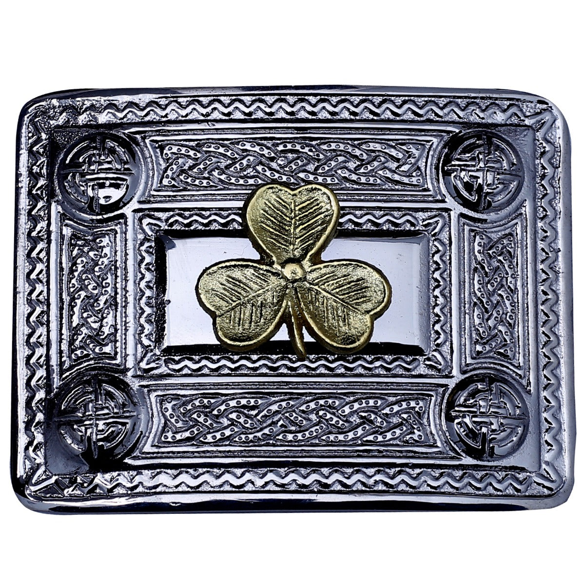 Shamrock Kilt Belt Buckle Chrome with Golden Badge