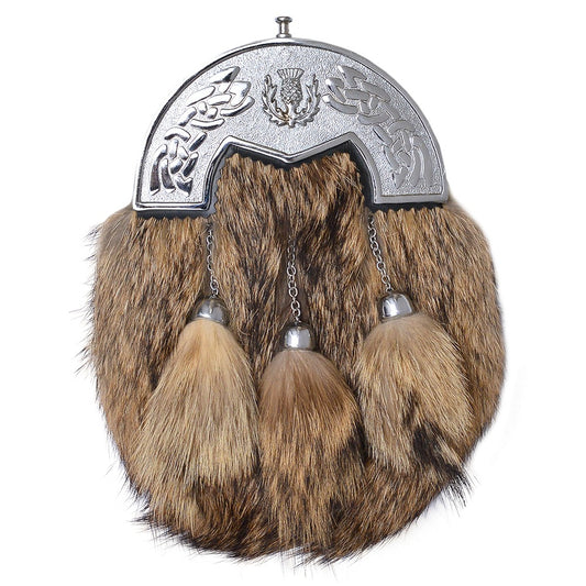 Silver Cantle brown Fox Fur Sporran with 3 Tassels