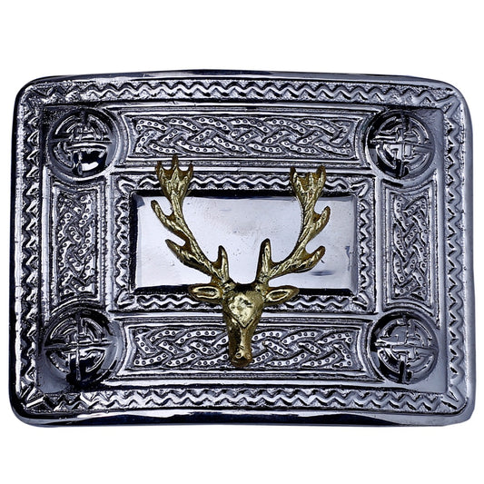 Stage Head Kilt Belt Buckle Chrome with Golden Badge