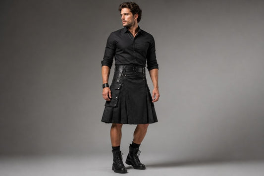 Modern kilt outfit for men featuring premium fabric, masculine styling, and professional studio photography