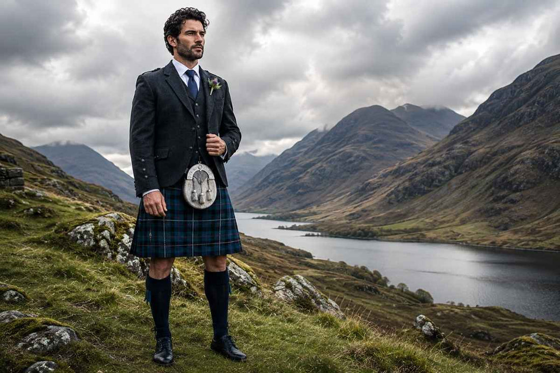 Man wearing tartan Scottish kilt and heritage Highland dress during outdoor fashion photoshoot