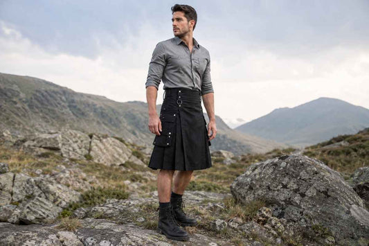 Premium black utility kilt for men with cargo pockets and modern outdoor fashion style