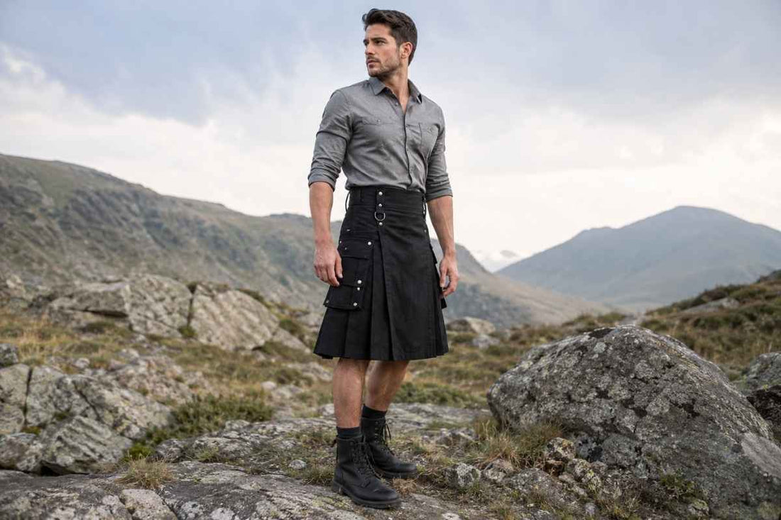 Premium black utility kilt for men with cargo pockets and modern outdoor fashion style