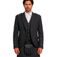Man wearing black wool argyle jacket with black kilt underneath against white background.