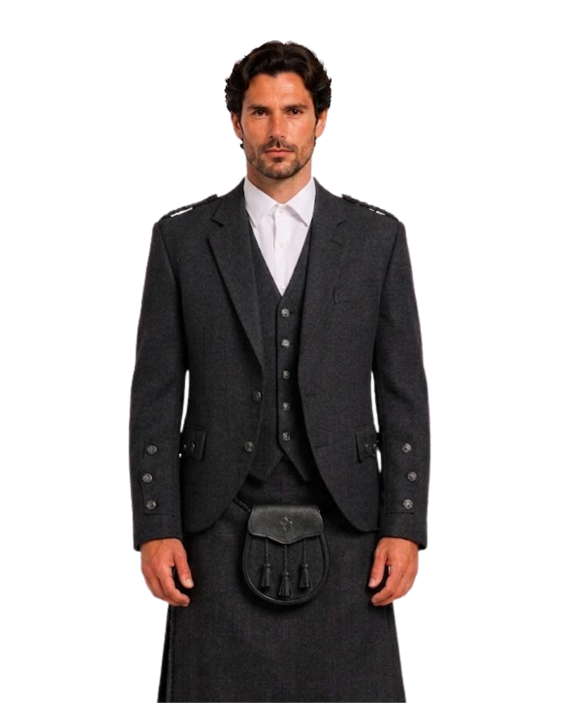 Man wearing black wool argyle jacket with black kilt underneath against white background.