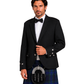 Man wearing a Black Charlie jacket with blue and black plaid kilt against a white background.