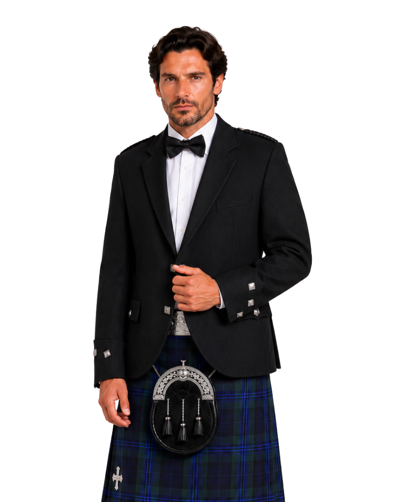 Man wearing a Black Charlie jacket with blue and black plaid kilt against a white background.