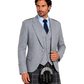Man wearing Grey Argyle jacket with plaid kilt and black sporran against a white background.