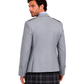 A man shown from the back wearing a light gray blazer with shoulder epaulets and a dark gray and black plaid kilt, against a plain white background.