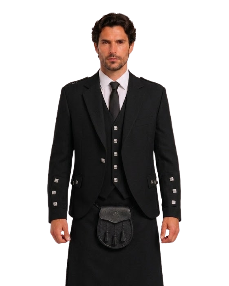 Man wearing a black argyle jacket with black kilt against a white background.