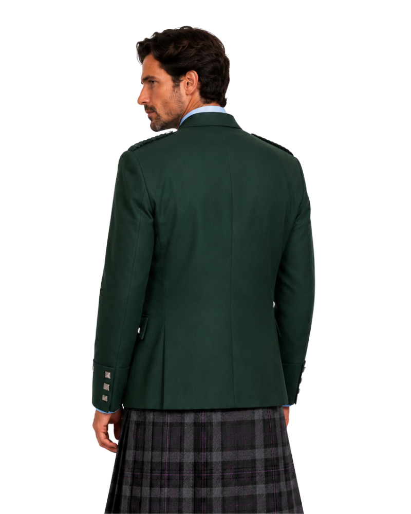 Man wearing green Argyll Jacket with grey and black plaid kilt against white background